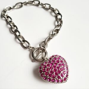 Hot Pink Rhinestones Heart Charm Bracelet Silvertone Chain Link T Toggle Clasp